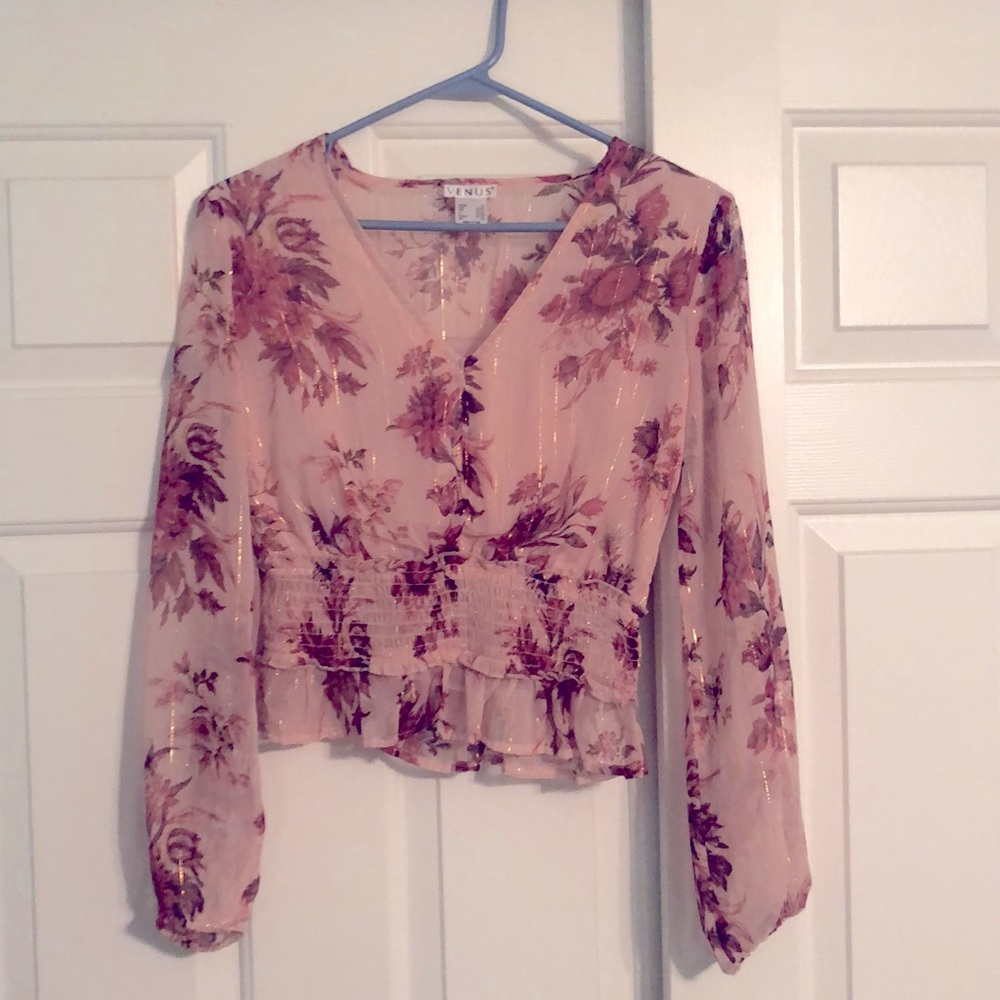Venus pink flower chiffon smocked-waist with gold accent blouse